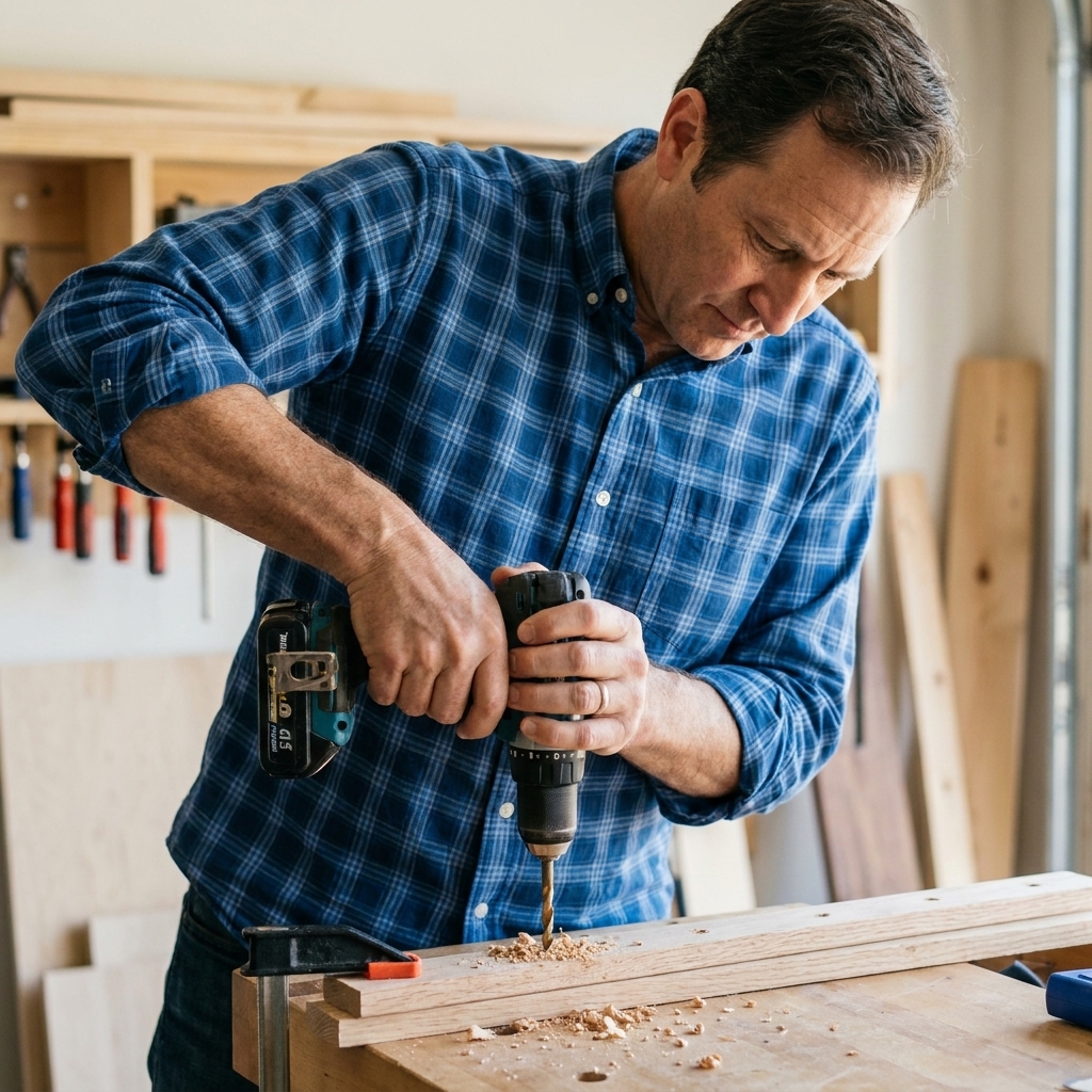 A drill bit pre-drilling screw holes in a narrow wood cleat before driving screws