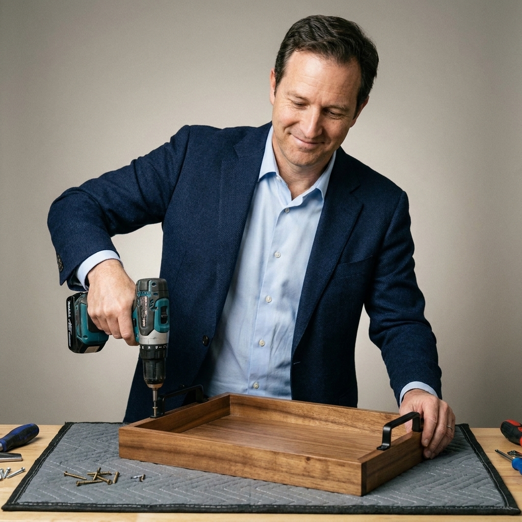A drill driving a screw through a wooden tray side into a black metal handle, with the tray resting on a padded work surface