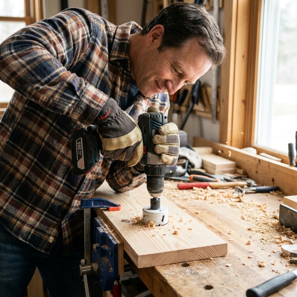 A drill with a hole saw cutting an entrance hole into a pine board clamped to a workbench