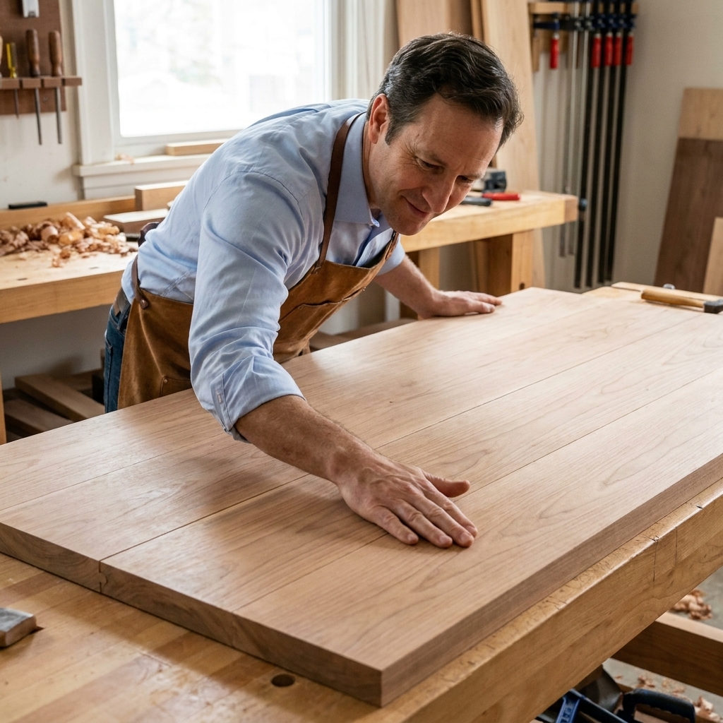 A finished hardwood tabletop panel resting on a workbench, showing tight seams and a smooth sanded surface ready for finish