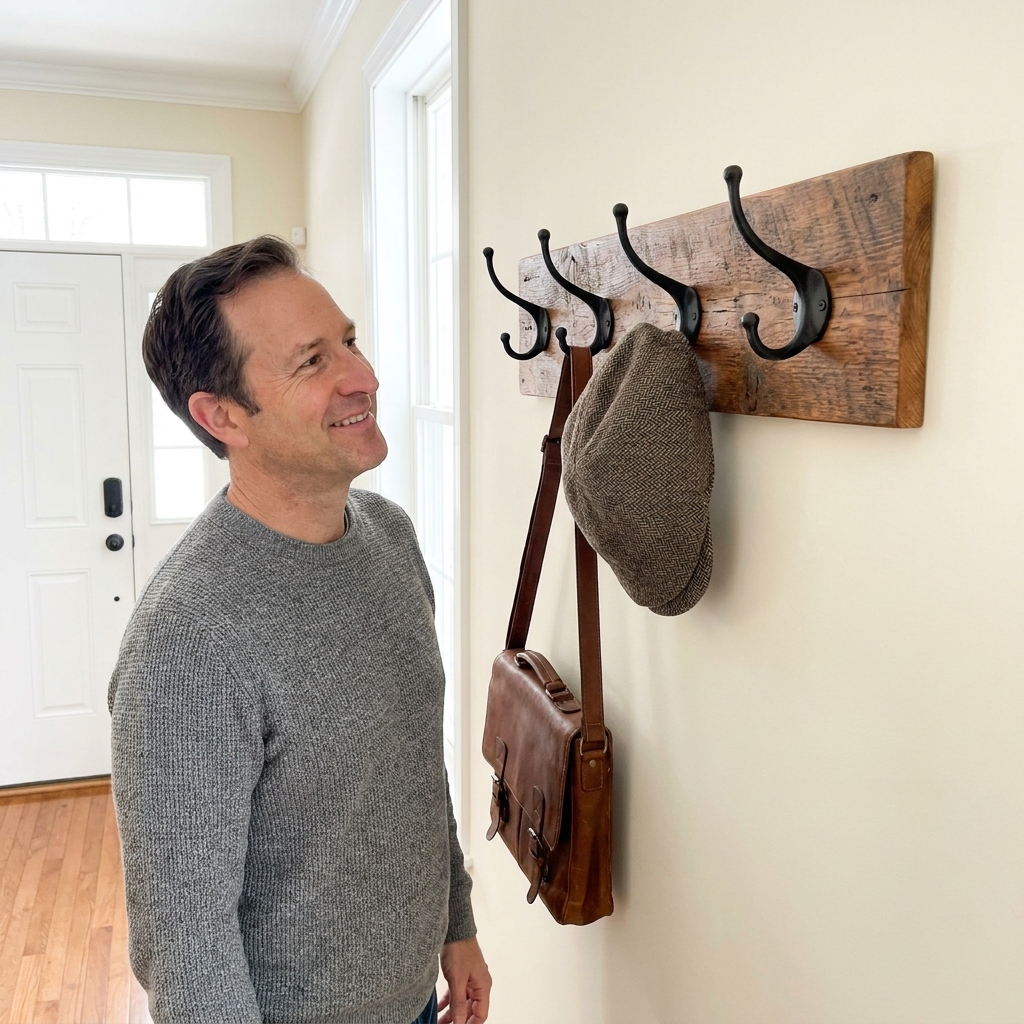 DIY Wall-Mounted Coat Rack with Rustic Hooks