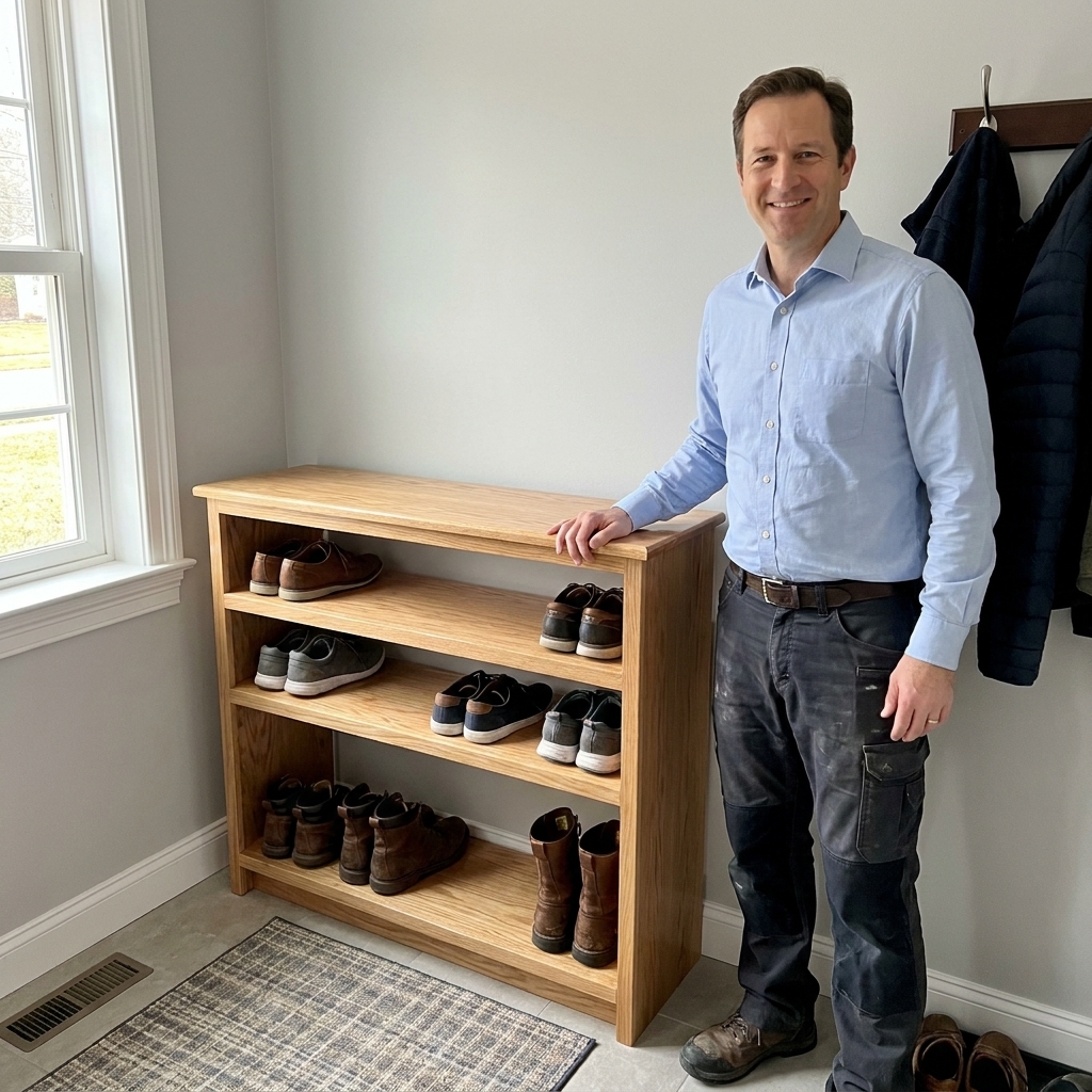 A finished wooden shoe rack with a clear protective finish sitting against a wall in a tidy entryway