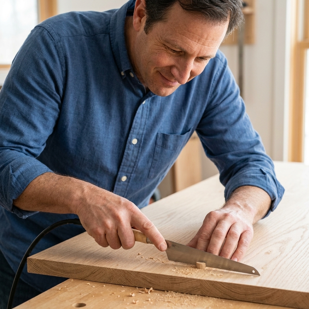 A flexible flush-cut saw trimming a wooden dowel plug flush with a tabletop surface, hands holding the saw flat against the wood