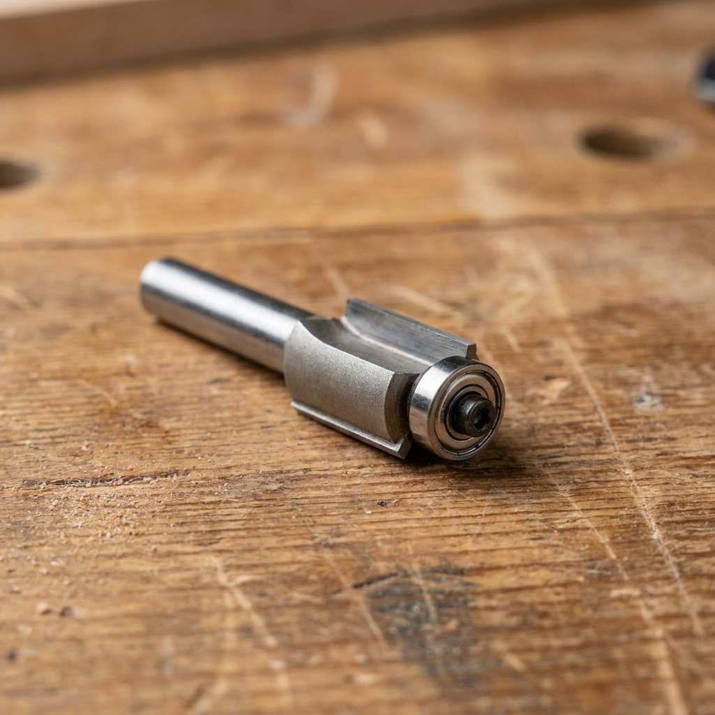 A flush-trim router bit with a bearing on the tip resting on a wooden workbench