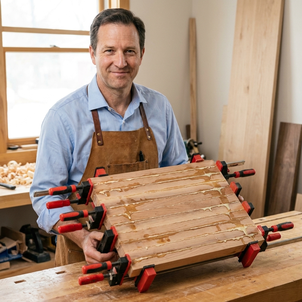 A glued-up edge-grain cutting board panel held in several bar clamps on a workbench, with visible glue squeeze-out along the seams
