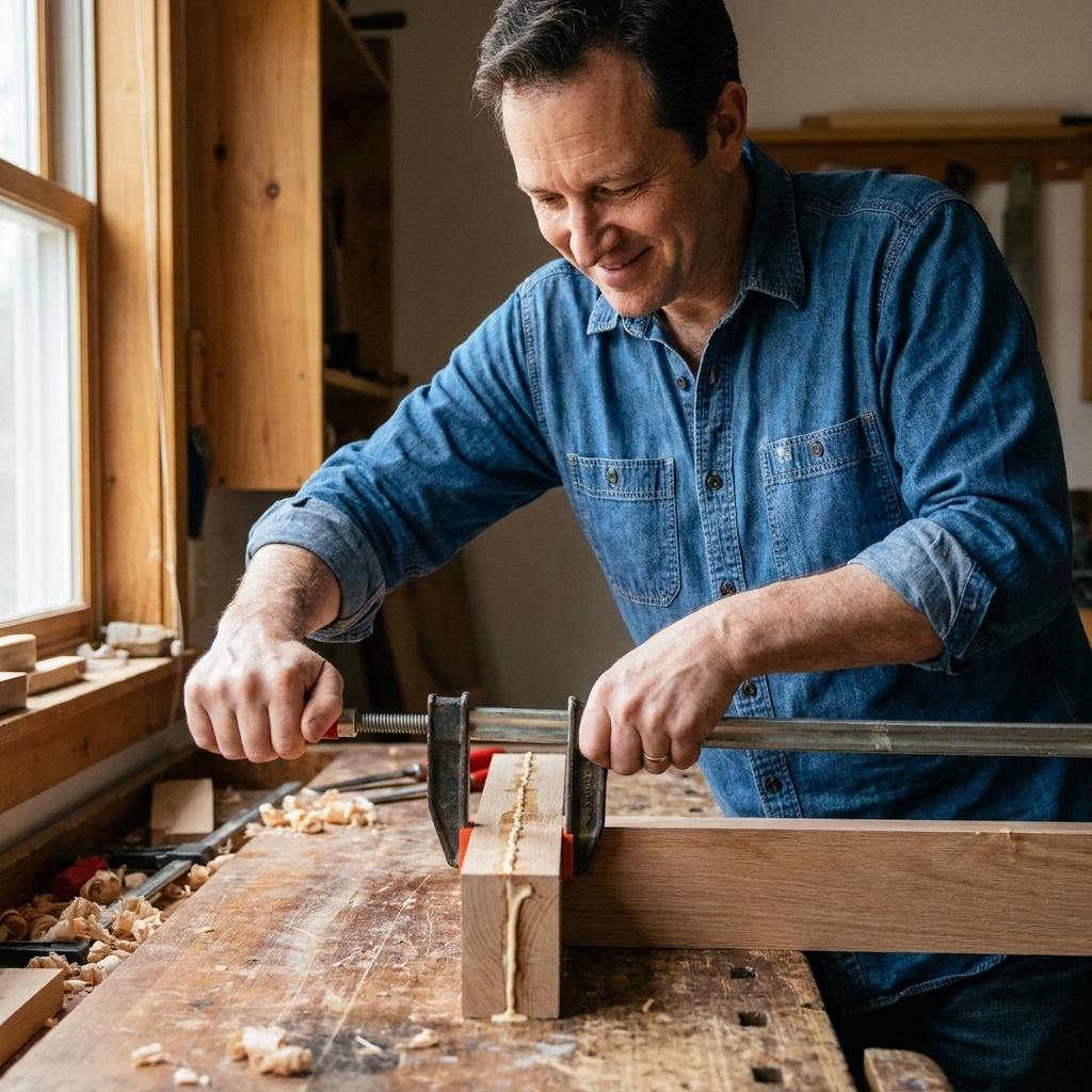 A half-lap joint being clamped on a workbench after glue-up, with glue squeeze-out visible along the seam