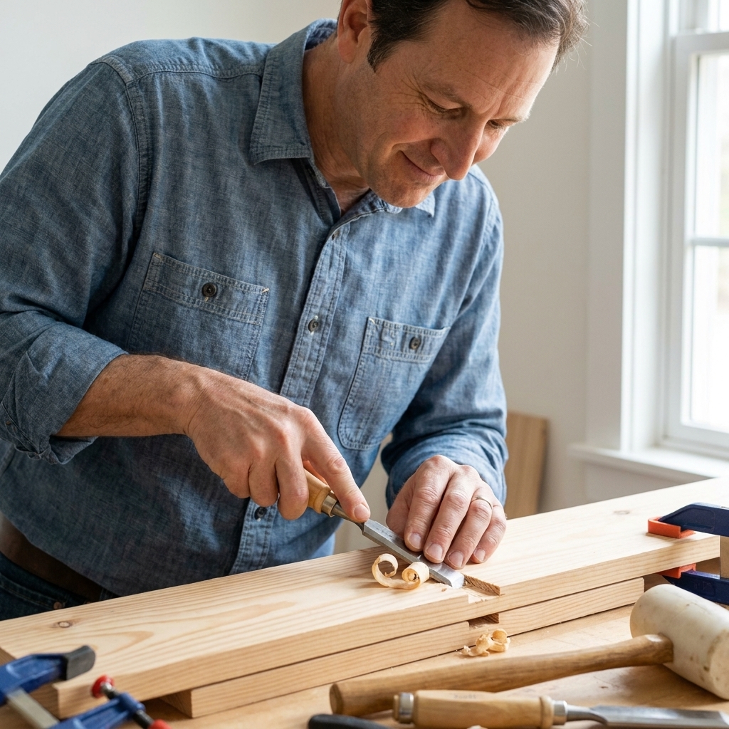 A half-lap joint being fine-tuned with a sharp chisel on a workbench, with two pine boards overlapping flush