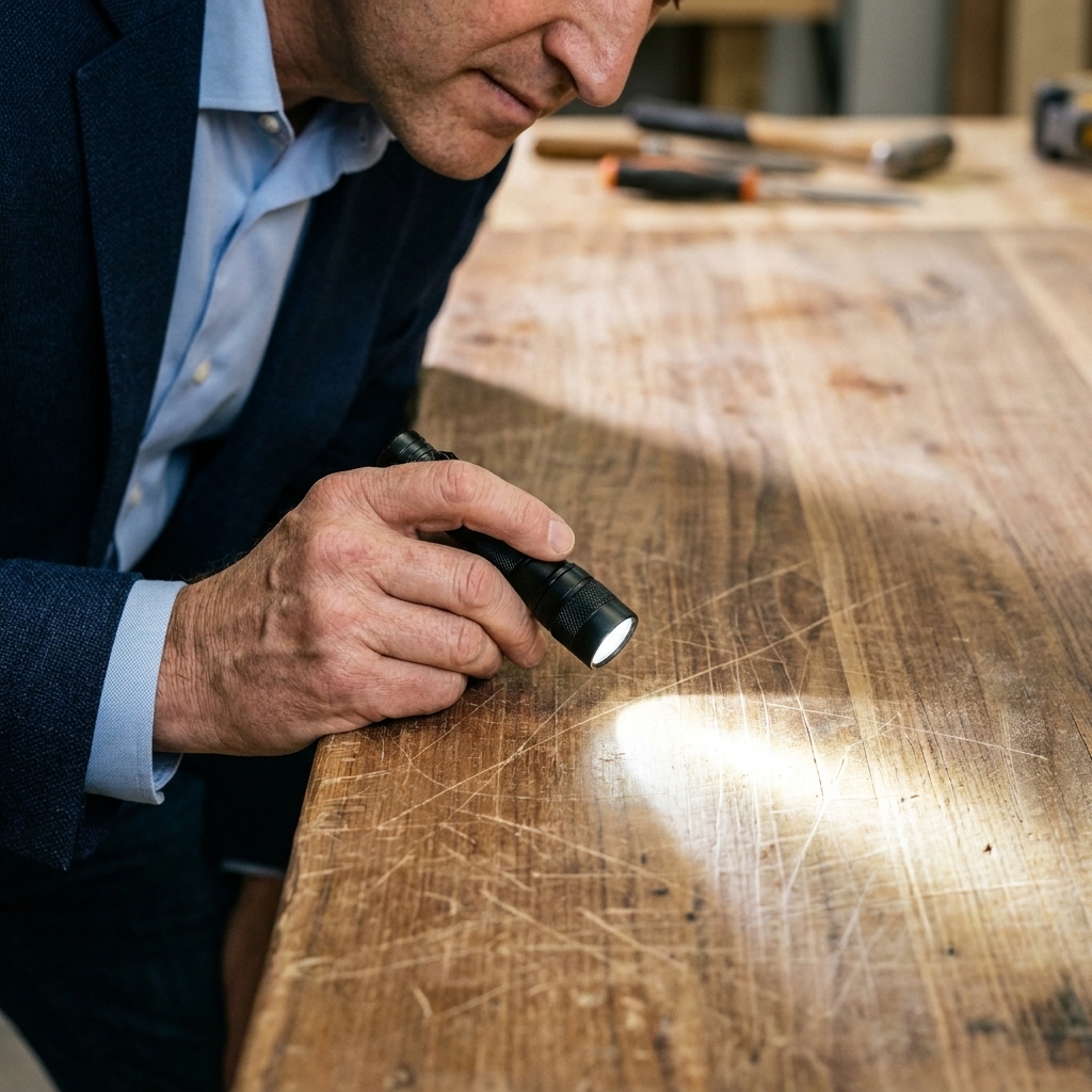 A hand holding a flashlight low across a wooden tabletop to reveal sanding scratches in raking light
