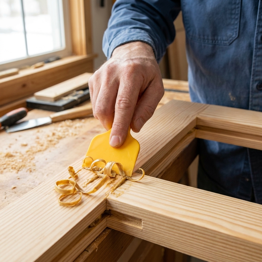 A hand scraping rubbery wood glue squeeze-out from a joint using a plastic scraper on a pine frame