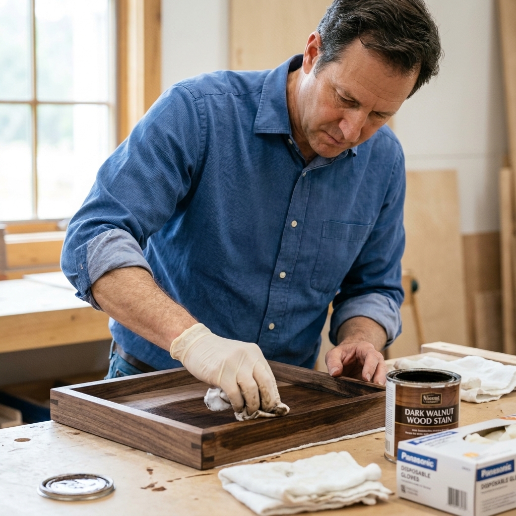 A hand wiping dark walnut stain onto a small wooden tray frame with a clean rag, stain can and gloves nearby