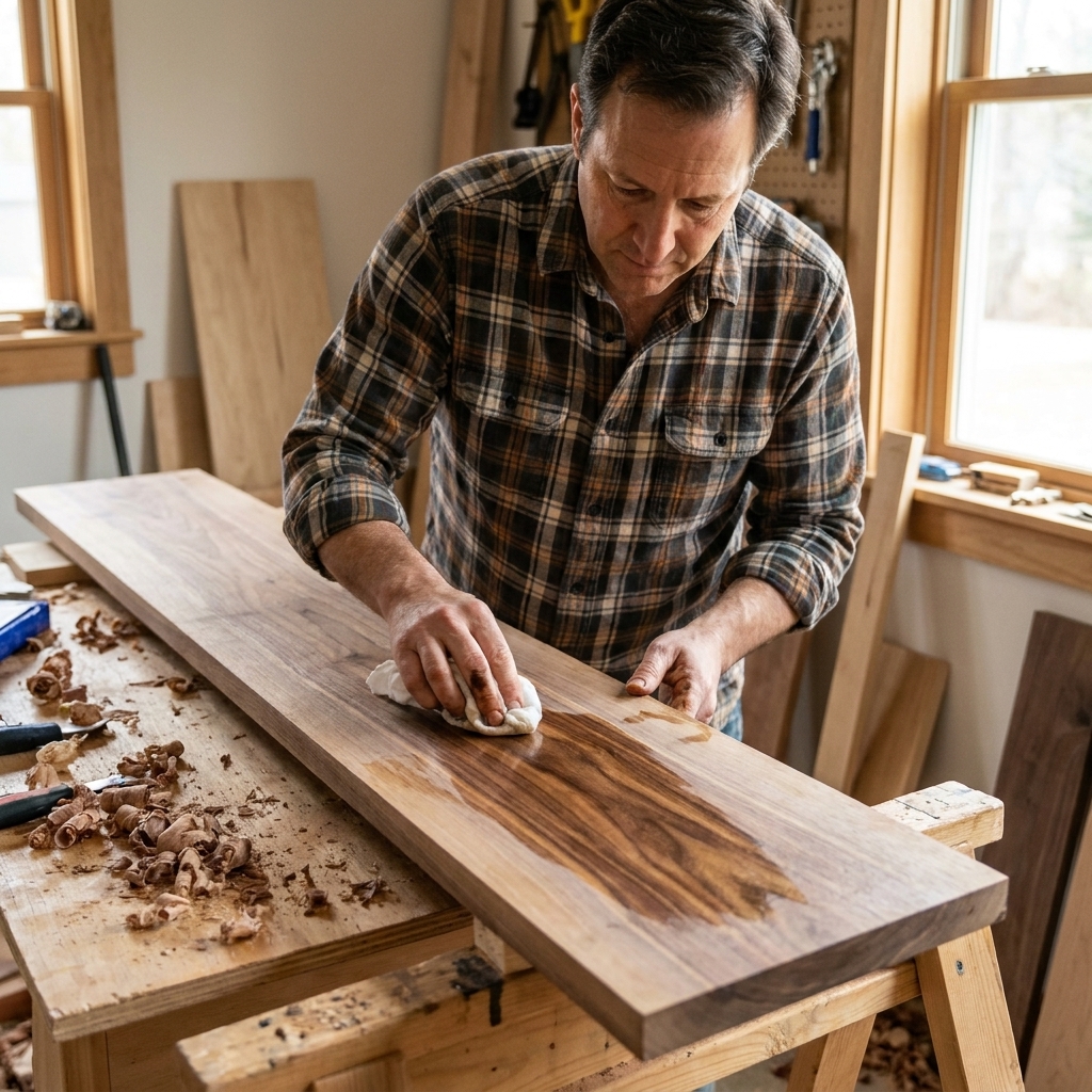 A hand wiping mineral spirits on a sanded hardwood board with a clean rag to preview the grain.