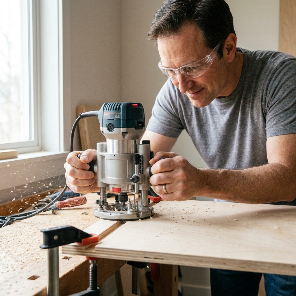 A handheld router cutting a rabbet along the edge of a plywood panel on a workbench, with wood shavings visible