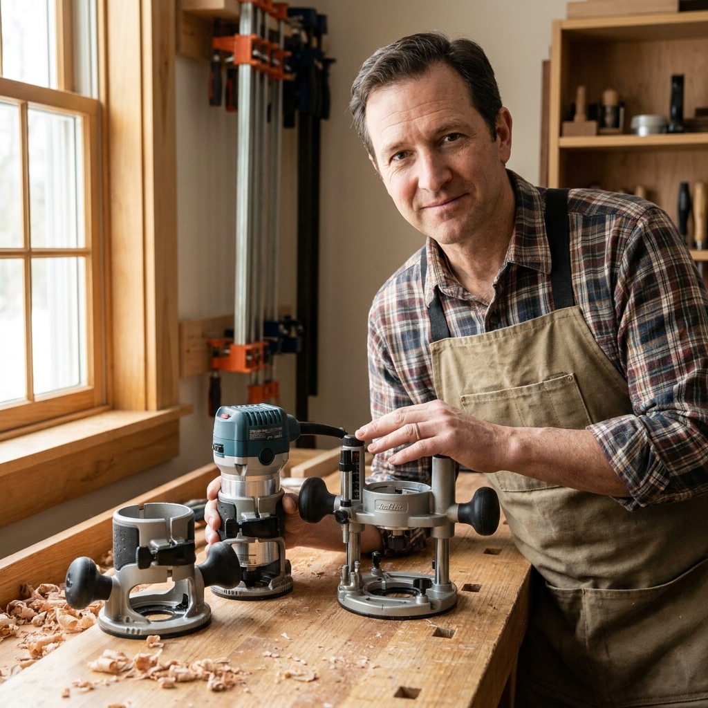 A handheld router motor next to both a fixed base and a plunge base on a workbench, showing the two base styles used in woodworking