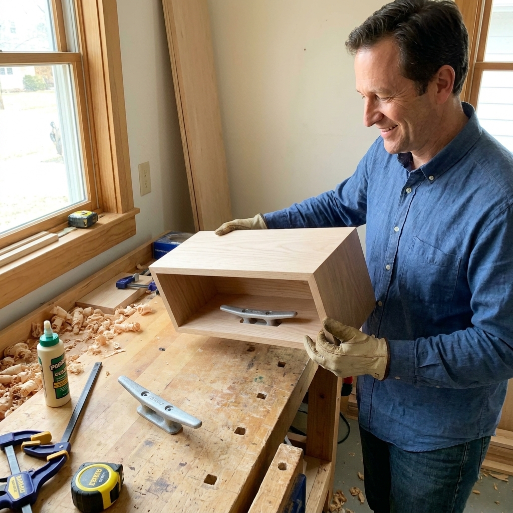 A hollow box-style floating shelf on a workbench with an open back cavity designed to slide over a ladder-style cleat