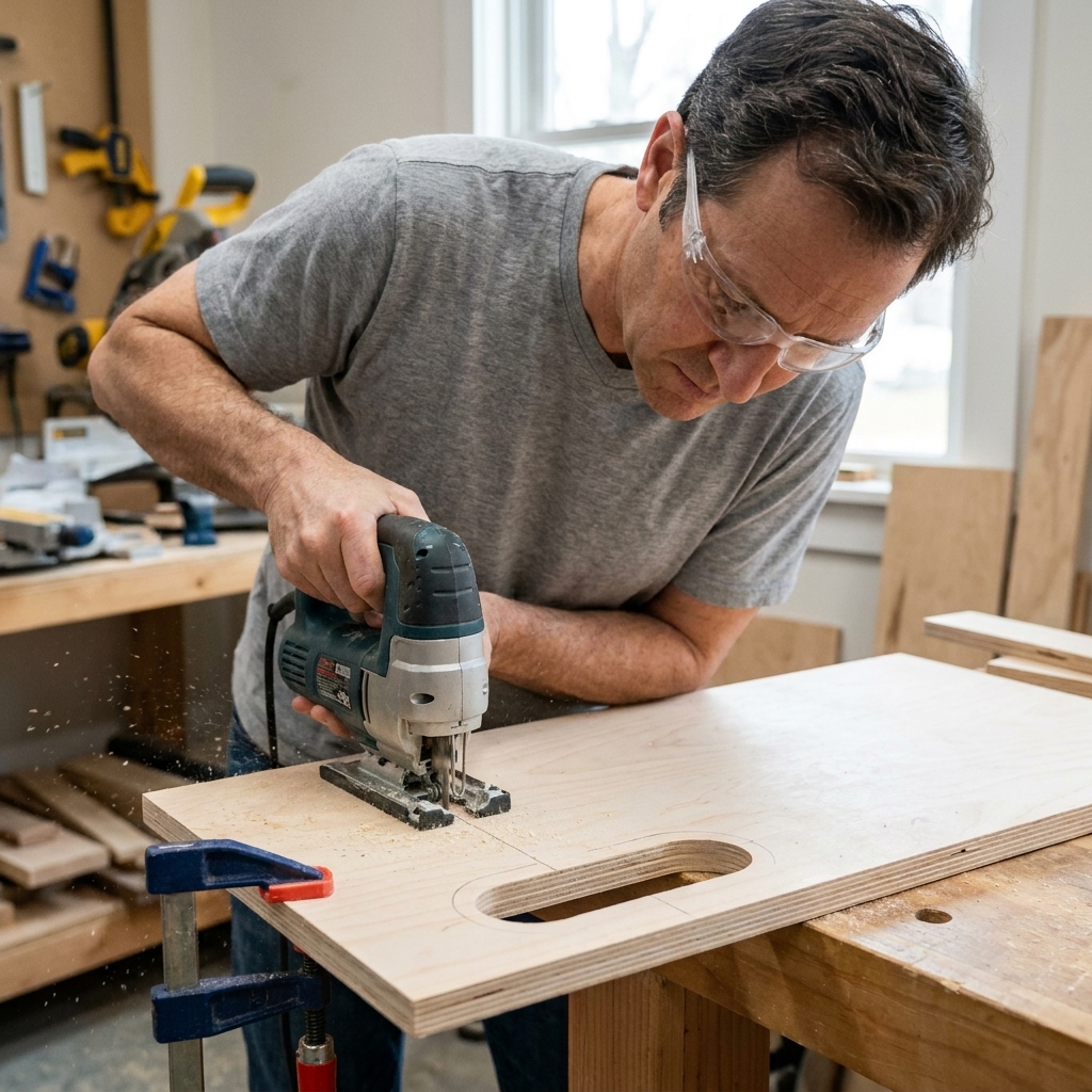 A jigsaw cutting a rounded hand-hold slot into a wooden side panel while the panel is clamped securely to a work surface