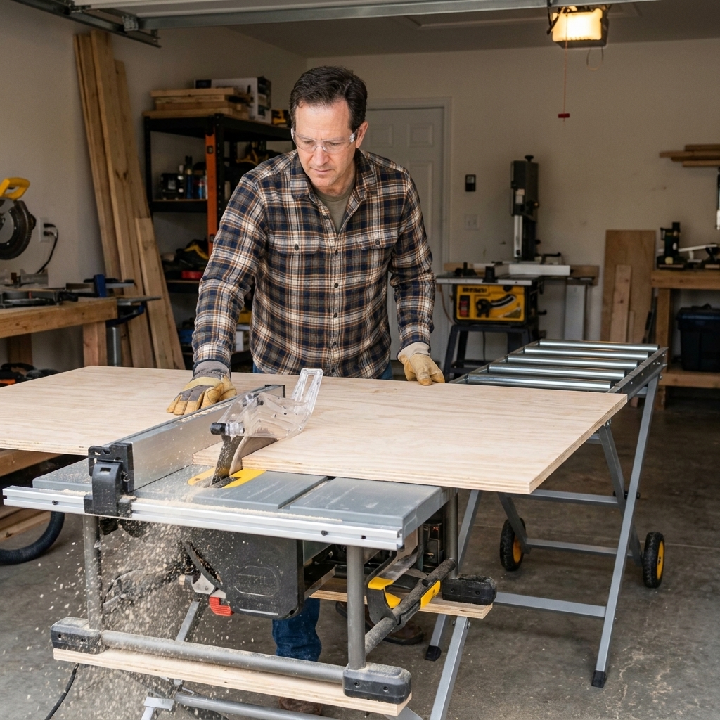 A jobsite table saw ripping a plywood panel with outfeed support set up behind the saw.