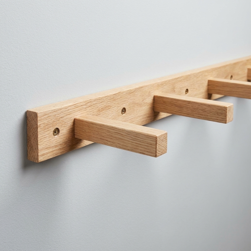 A ladder-style wooden cleat on a wall, with a back strip anchored into studs and short arms projecting outward to support the shelf depth