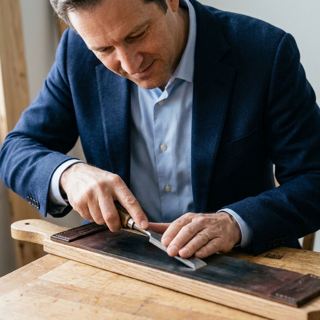 A leather strop mounted to a wooden board on a bench, with a chisel being pulled backward along the strop using controlled hand pressure