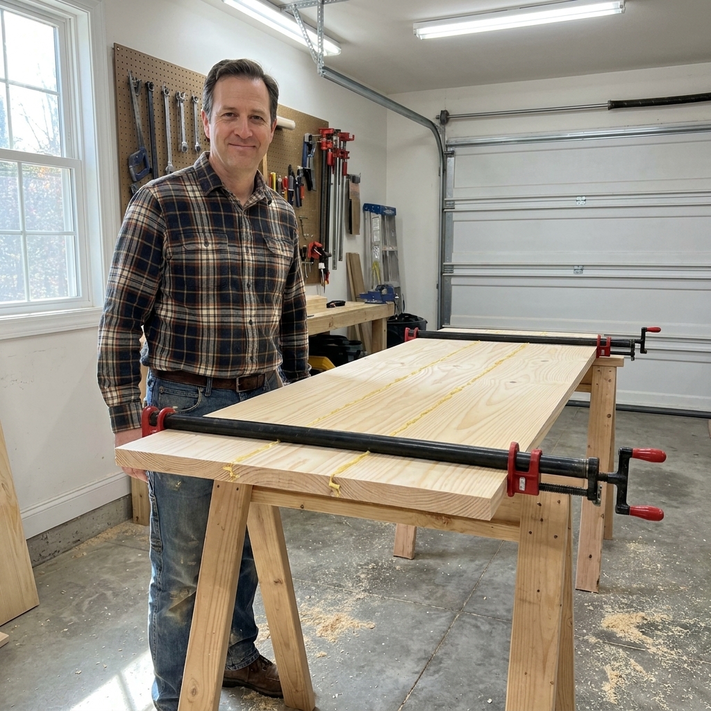 A long pine panel glue-up held by two 3/4-inch pipe clamps on sawhorses in a garage workshop
