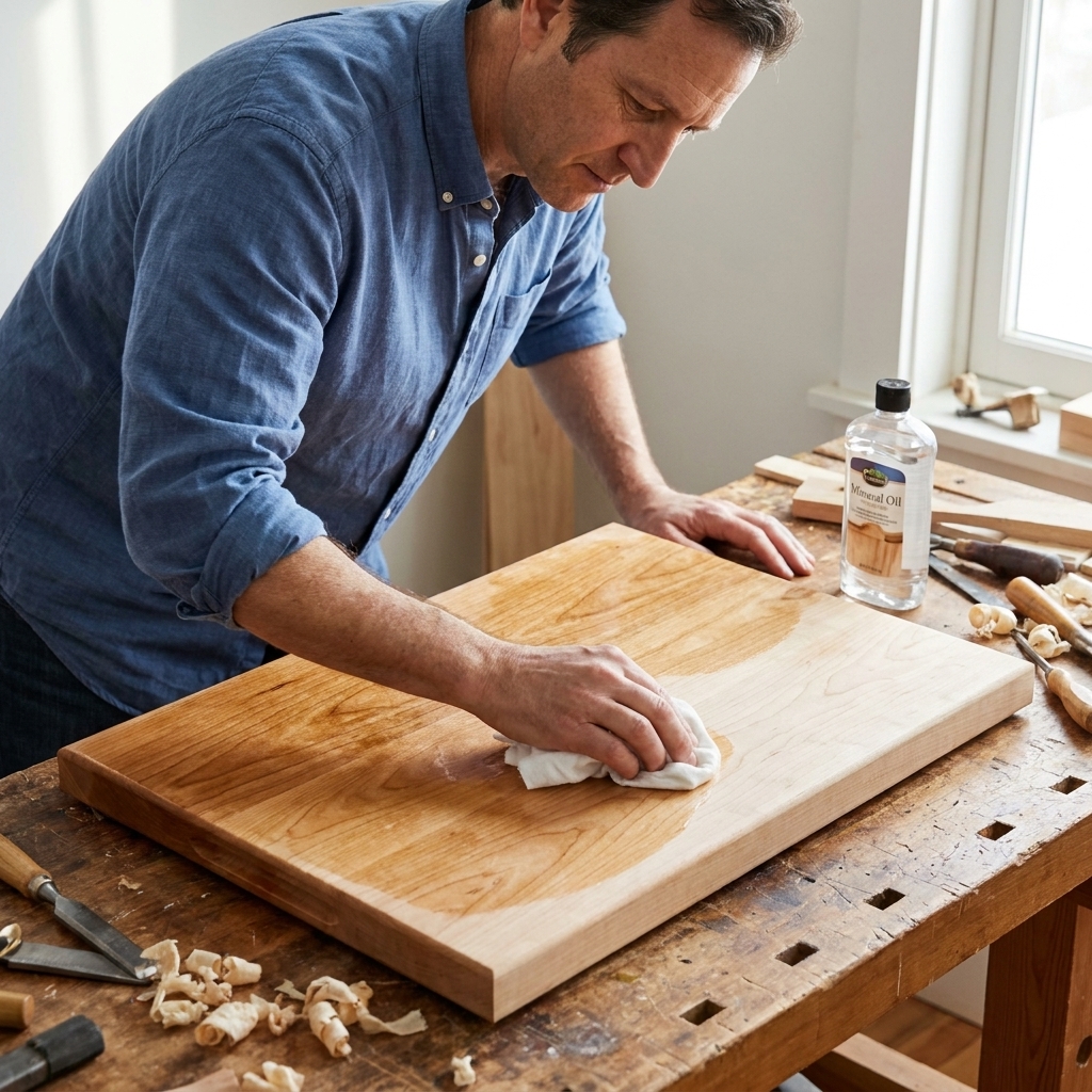 A maple cutting board on a workbench while a hand wipes on clear mineral oil with a clean cotton cloth