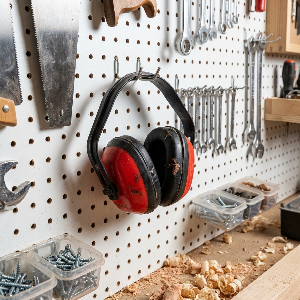 A pair of over-ear hearing protection earmuffs hanging from a pegboard wall in a home woodworking shop