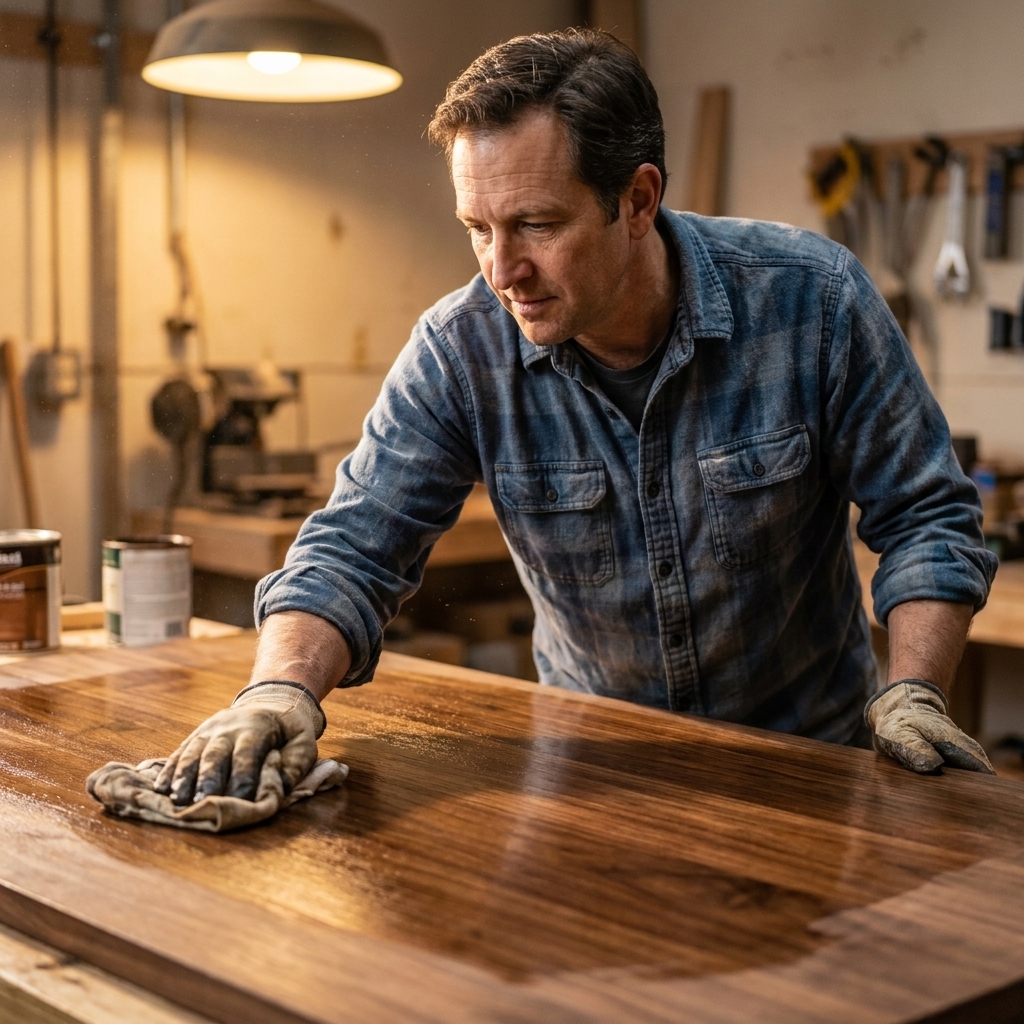 A person applying wood stain to a tabletop with a folded cotton rag, keeping the surface evenly wet under warm workshop lighting