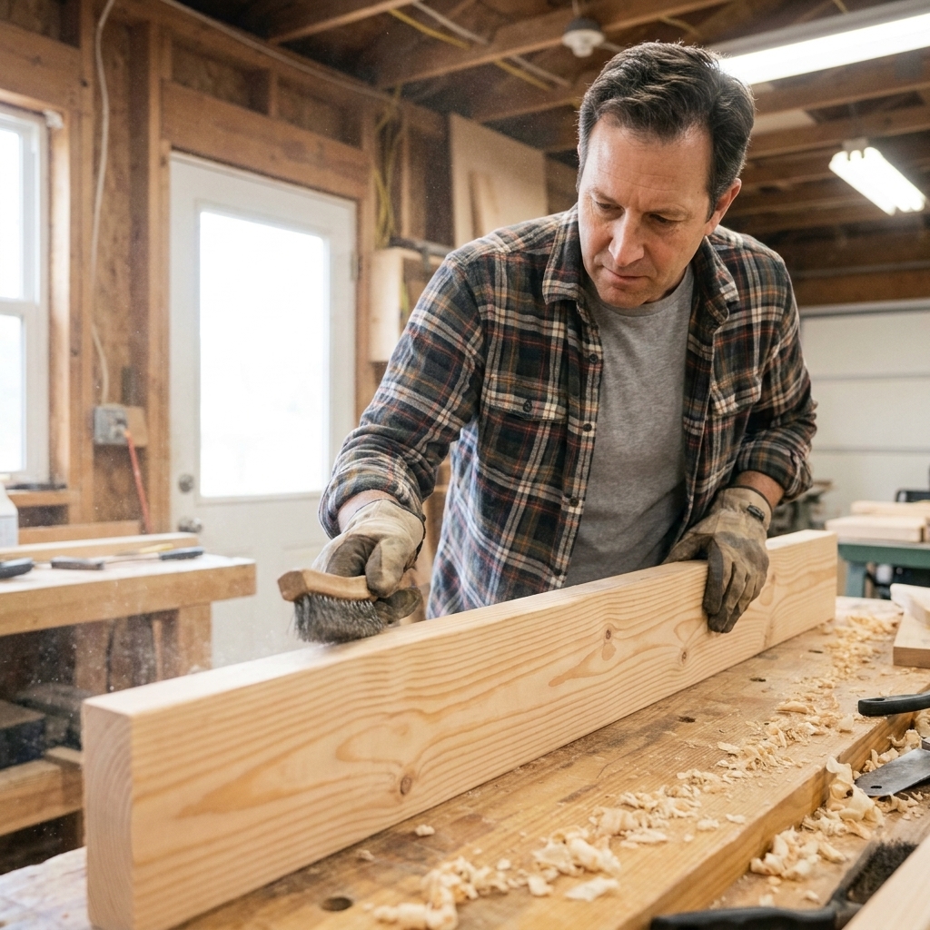 A person brushing a pine board along the grain with a handheld wire brush on a workbench