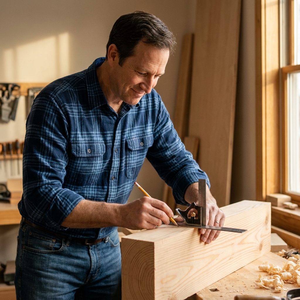 A person drawing a pencil line across a board while holding a combination square head tight to the board edge