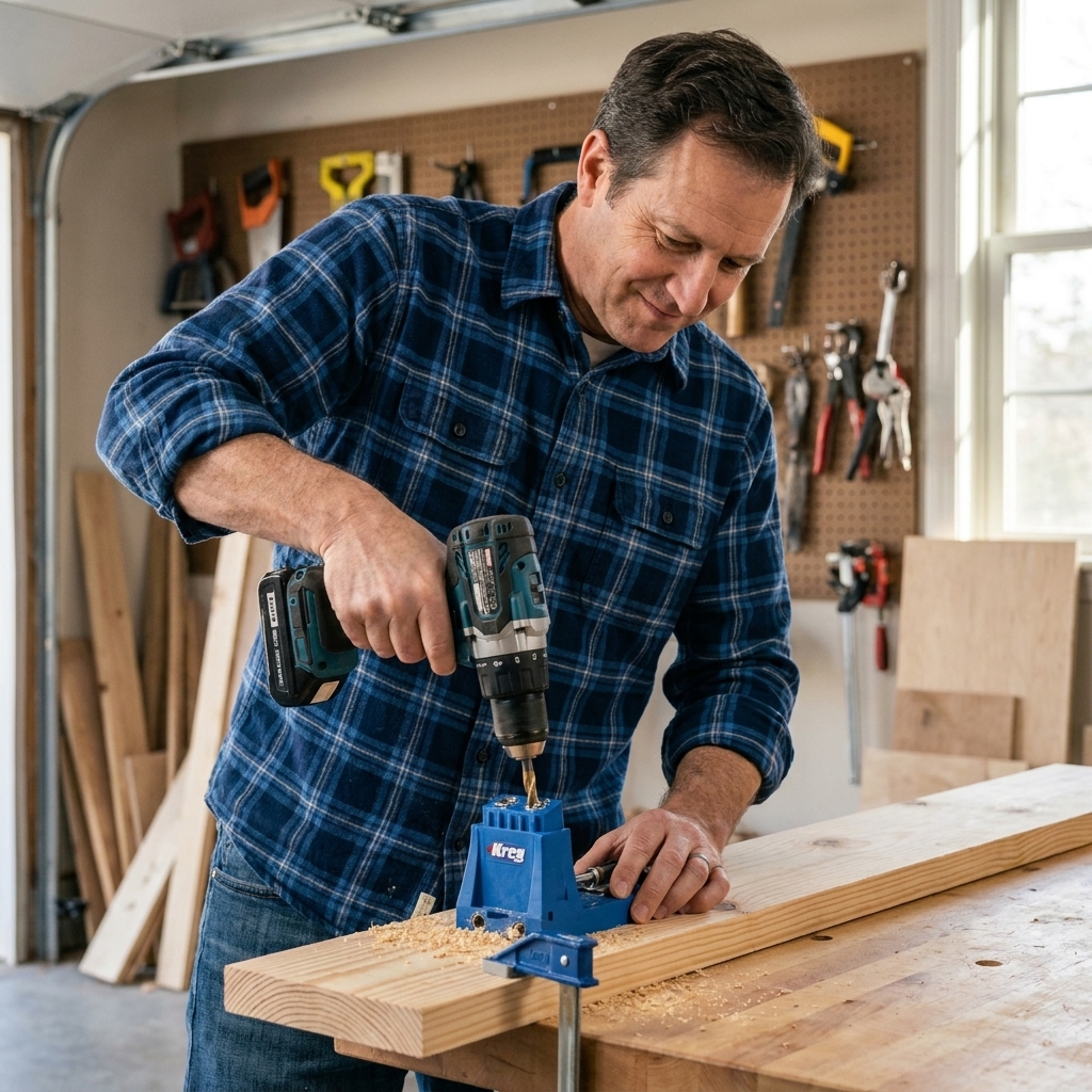 A person drilling a pocket hole in a pine board using a pocket hole jig on a workbench in a small garage shop