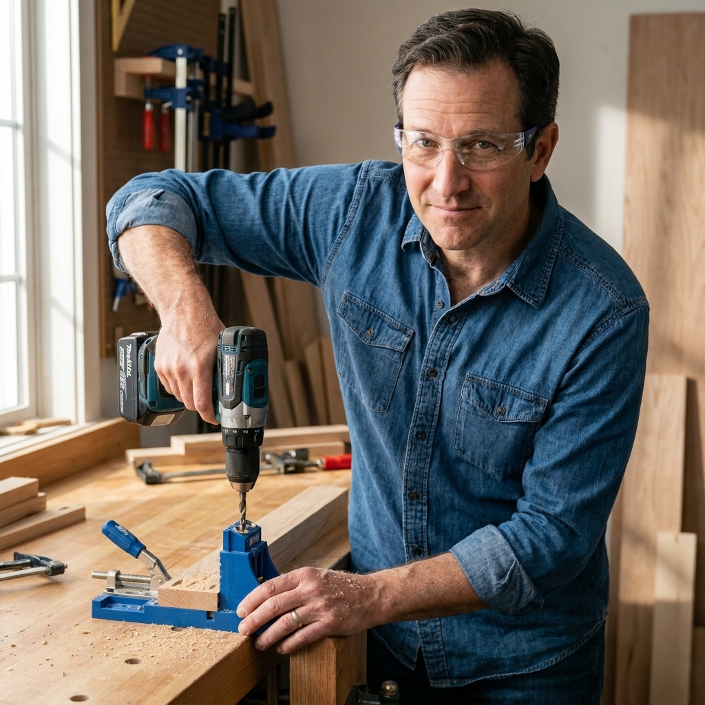 A person drilling a pocket hole using a pocket hole jig clamped to a workbench