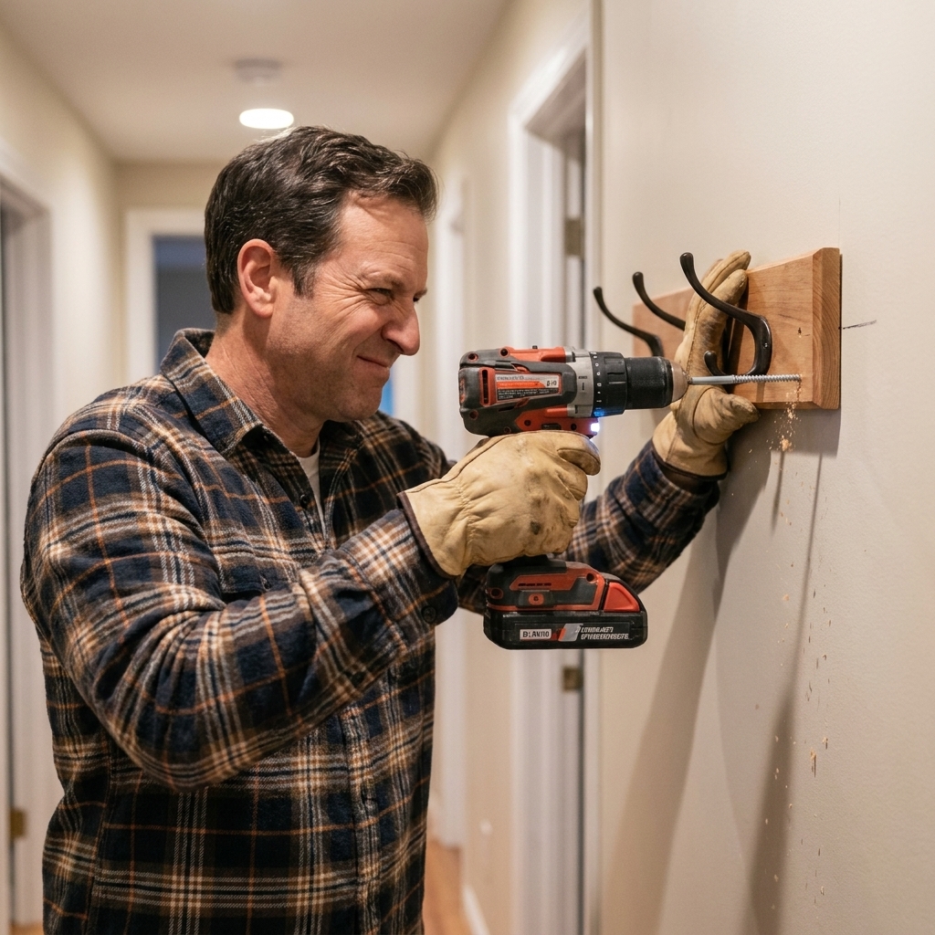 A person holding a wooden coat rack against a wall while driving a long screw through the board into a wall stud with a cordless driver
