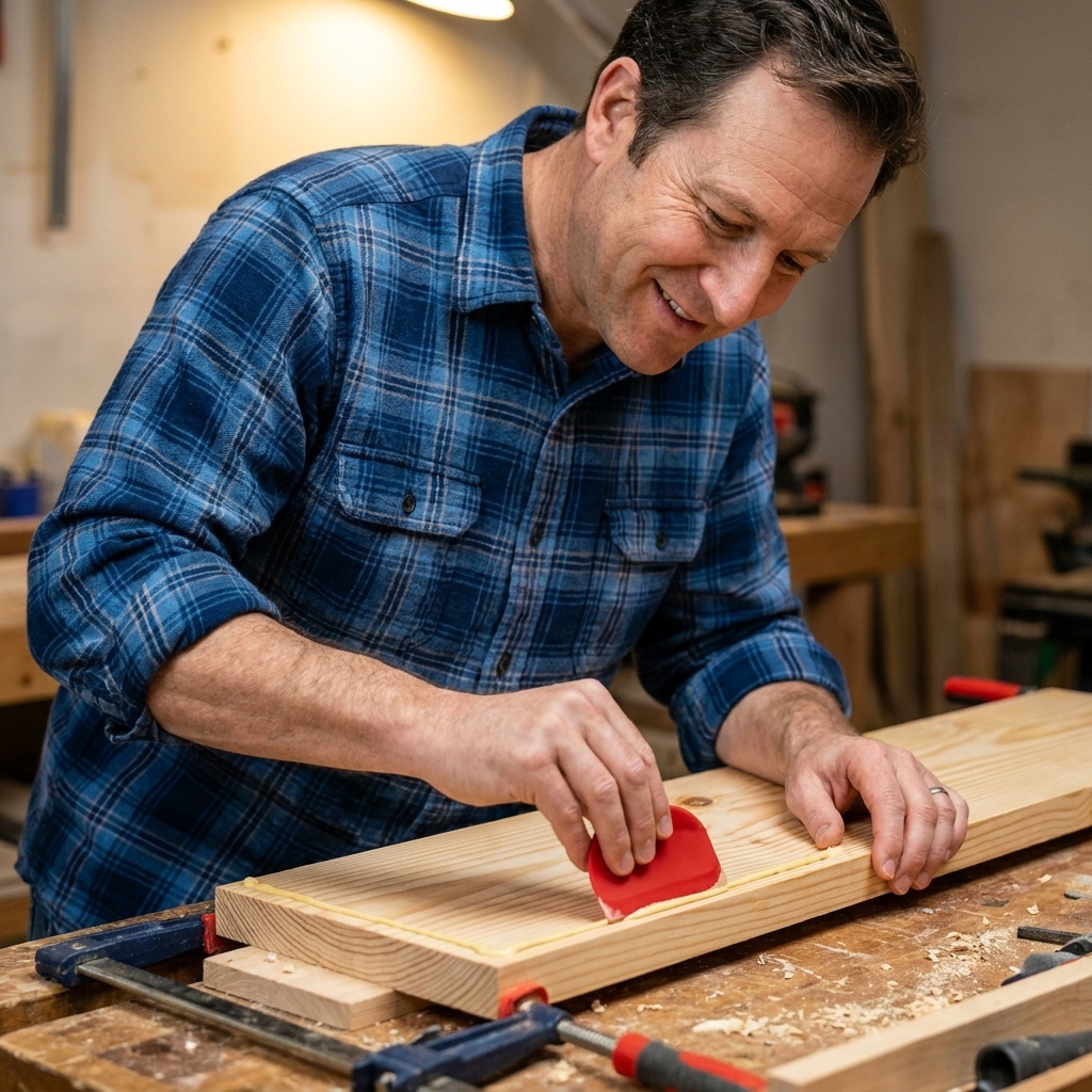 A person spreading a thin layer of wood glue along the edge of a pine board using a small silicone glue spreader on a workbench
