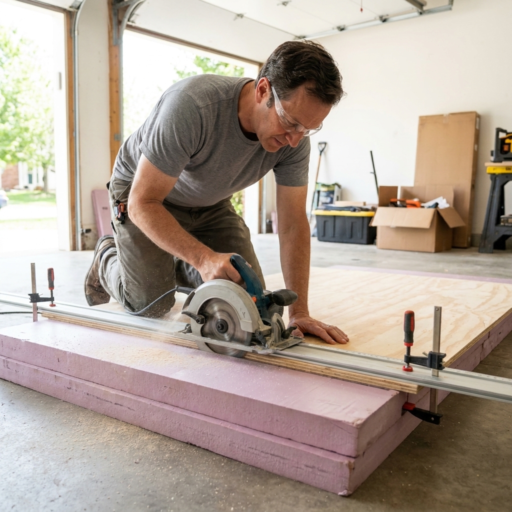 A person using a circular saw to cut a sheet of plywood supported on foam insulation on a garage floor, with a straightedge guide clamped in place