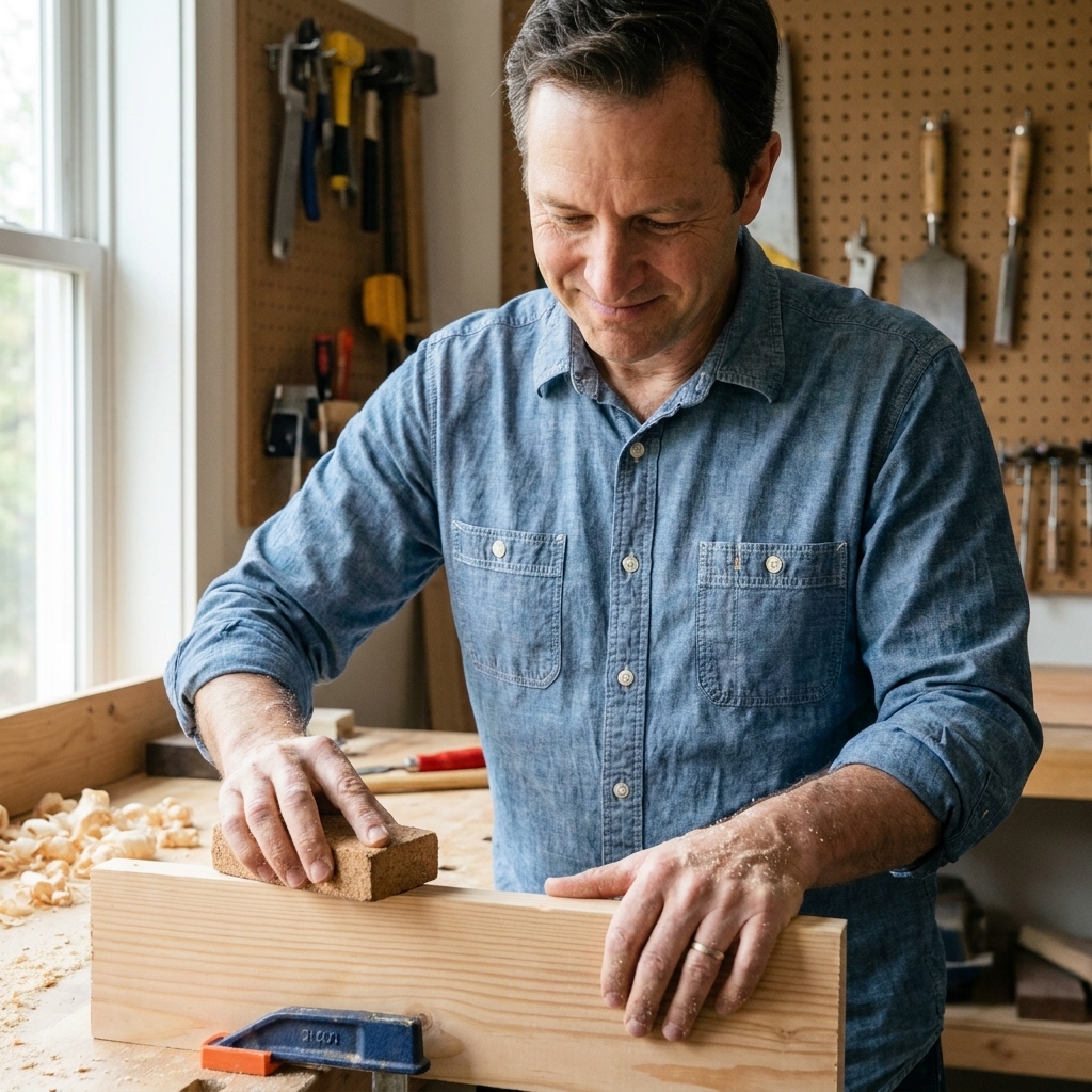 A person using a cork sanding block to soften the edge of a wooden board on a workbench.