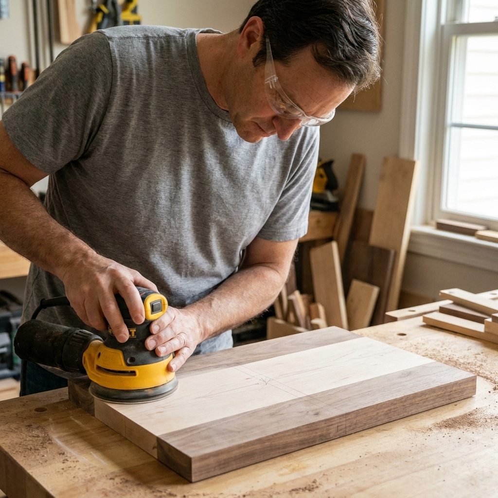A person using a random orbit sander on a glued-up cutting board blank on a workbench, with pencil marks visible on the surface