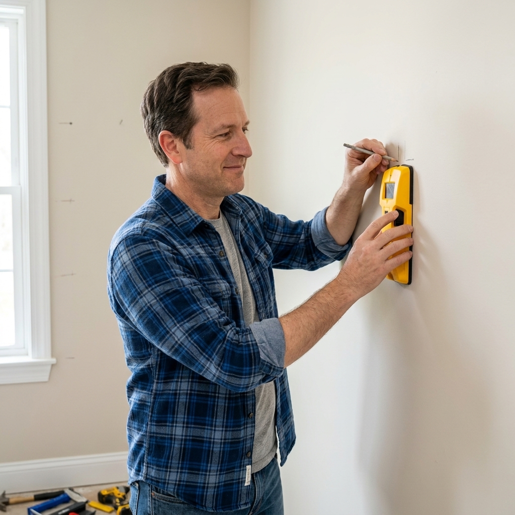 A person using a stud finder on a painted drywall surface and making small pencil marks to indicate stud locations