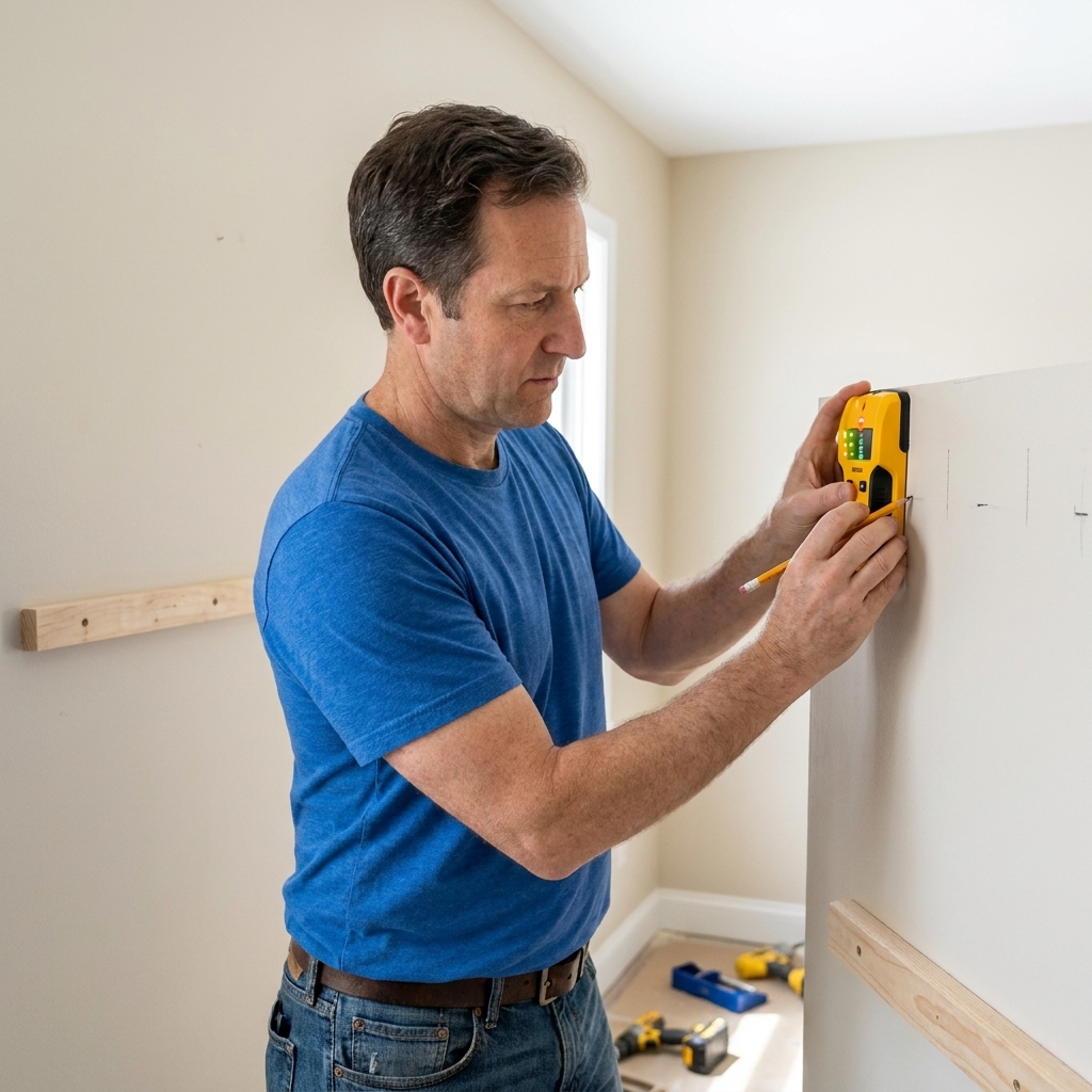 A person using a stud finder on a painted wall and marking stud locations with pencil for a floating shelf cleat