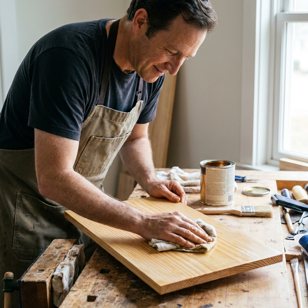 A person wiping excess oil finish off a pine board with a folded cotton rag, leaving an even satin-looking surface on a workbench