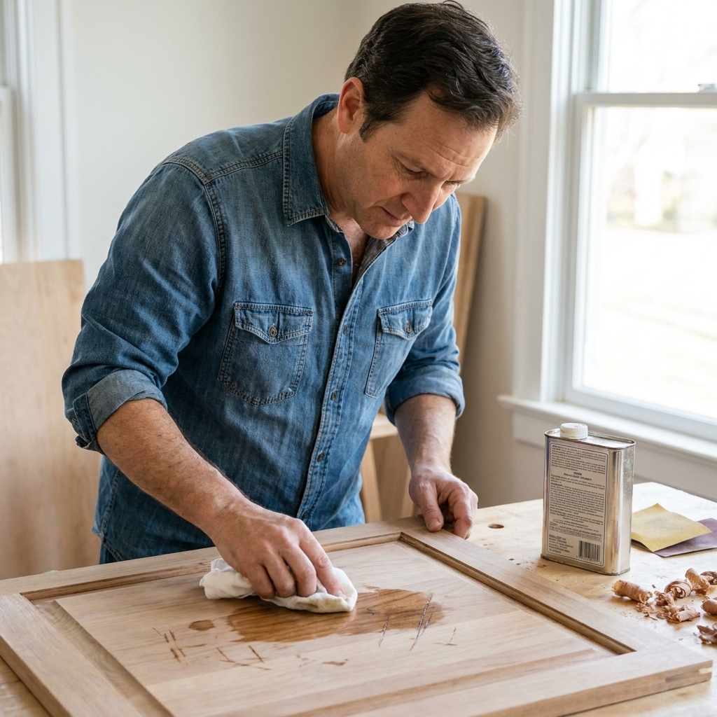 A person wiping mineral spirits onto a sanded wooden panel with a clean cloth to reveal hidden scratches