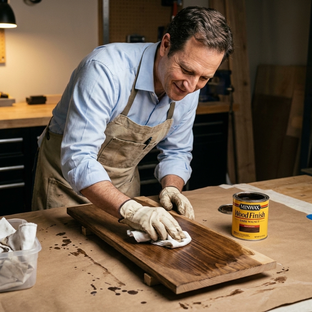 A person wiping wood stain onto a sanded board with a clean cotton rag on a protected work surface