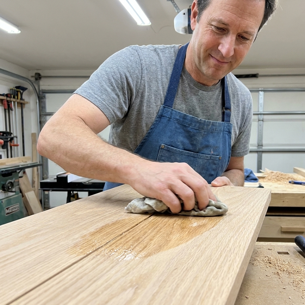 A photo of a hand wiping a damp cloth across a sanded hardwood board, with a faint shiny glue patch becoming visible near a joint under shop lighting