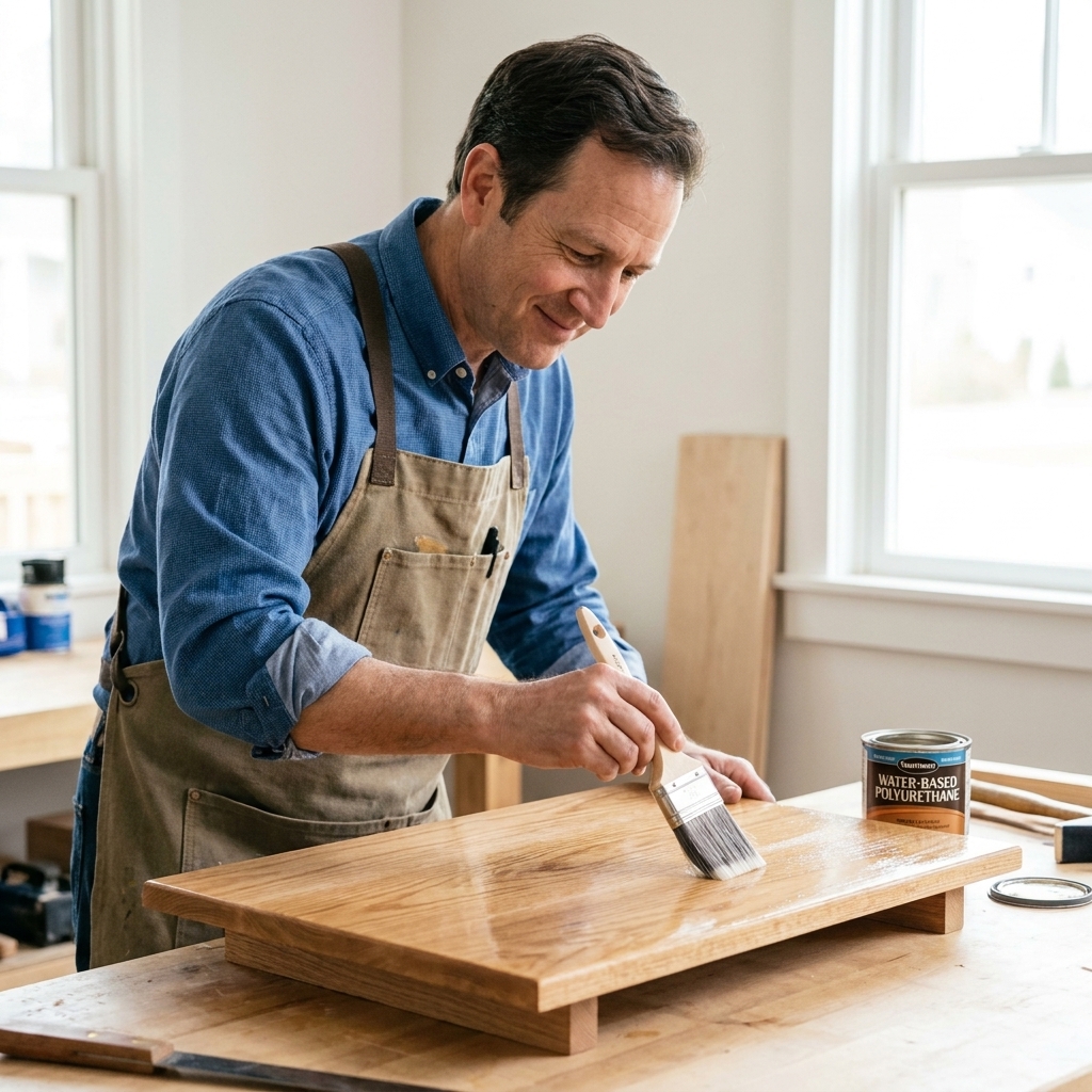 A photo of a person brushing a thin coat of water-based polyurethane onto a small wooden tabletop using a synthetic bristle brush