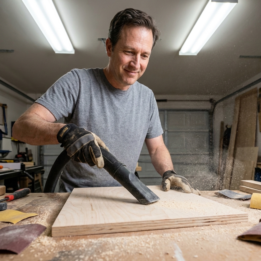 A photo of a shop vacuum nozzle cleaning sanding dust off a wooden panel on a workbench under bright lighting