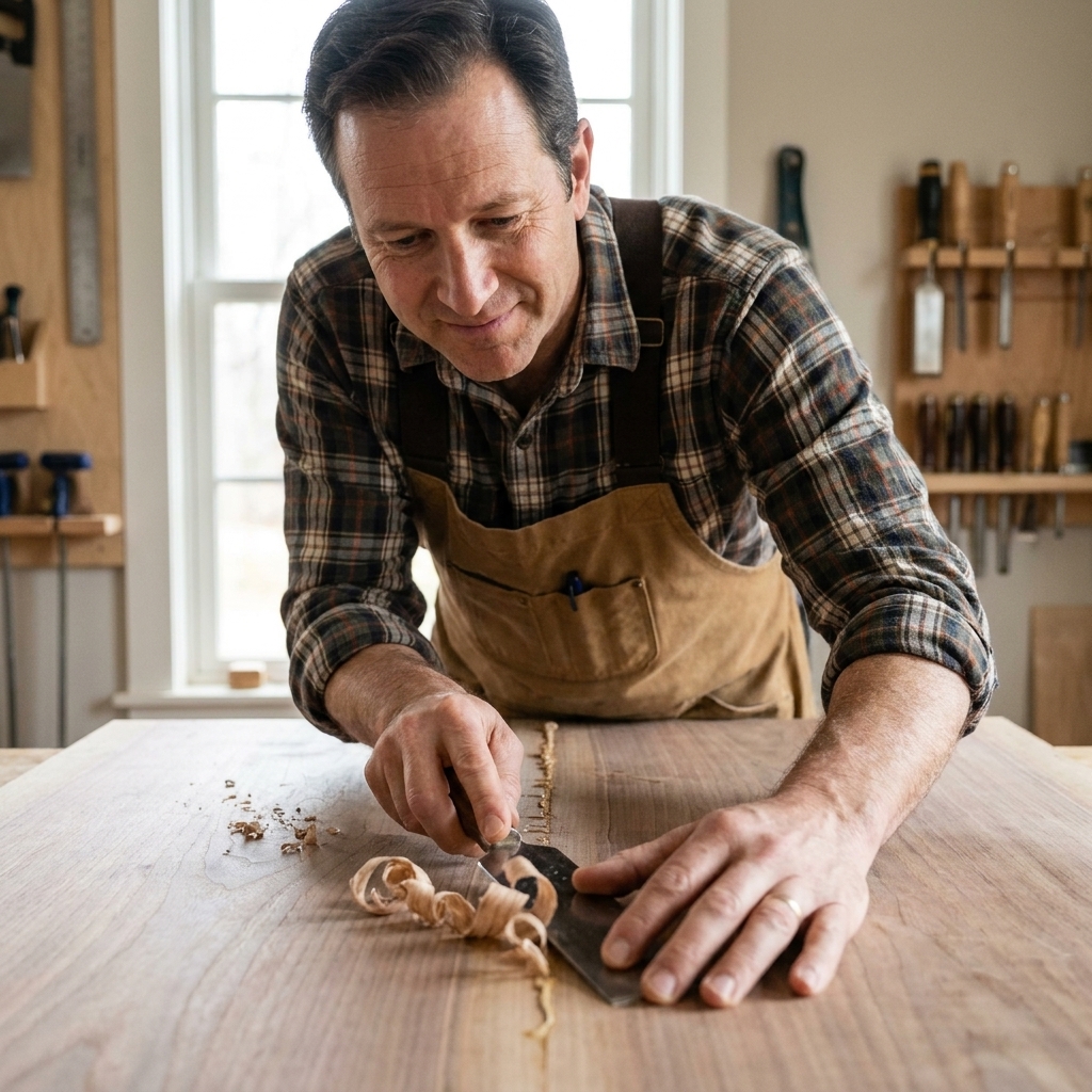 A photo of a woodworker using a card scraper on a tabletop seam, creating fine shavings while removing dried glue squeeze-out