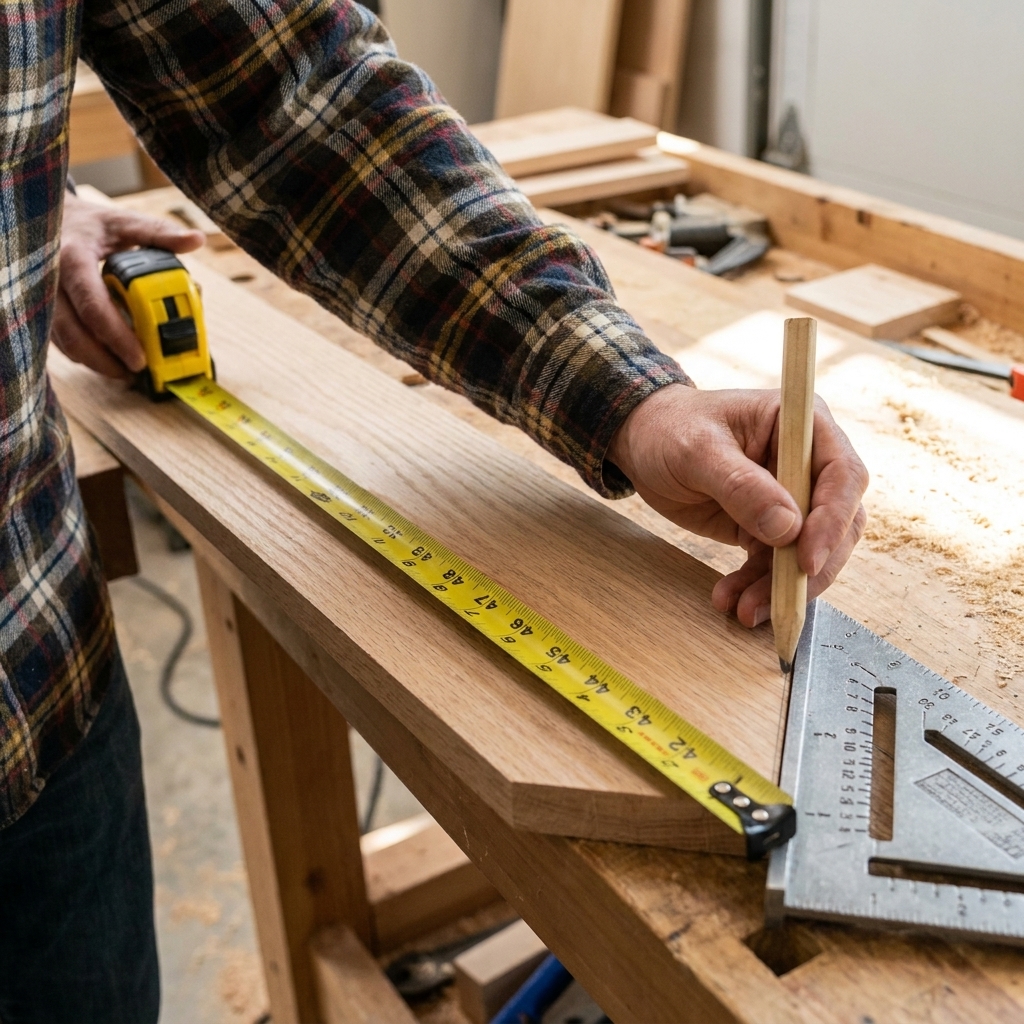 A photo of hands using a tape measure and carpenter pencil to mark the long point measurement on a board before cutting a 45-degree miter