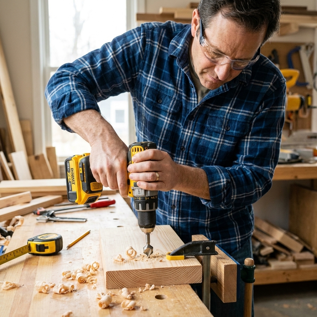 A photograph of a cordless drill pre-drilling a pilot hole near the end of a board for a butt joint, with a countersink bit and wood shavings visible on the workbench
