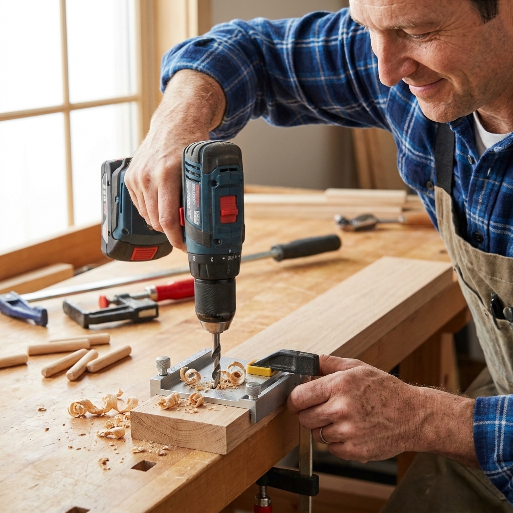 A photograph of a doweling jig clamped onto the end of a board while a drill bit bores a dowel hole, with several wooden dowels on the bench nearby