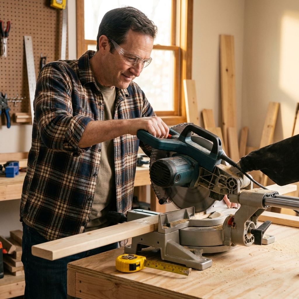 A pine 1x2 board being cut to length on a miter saw with a tape measure nearby on a workbench