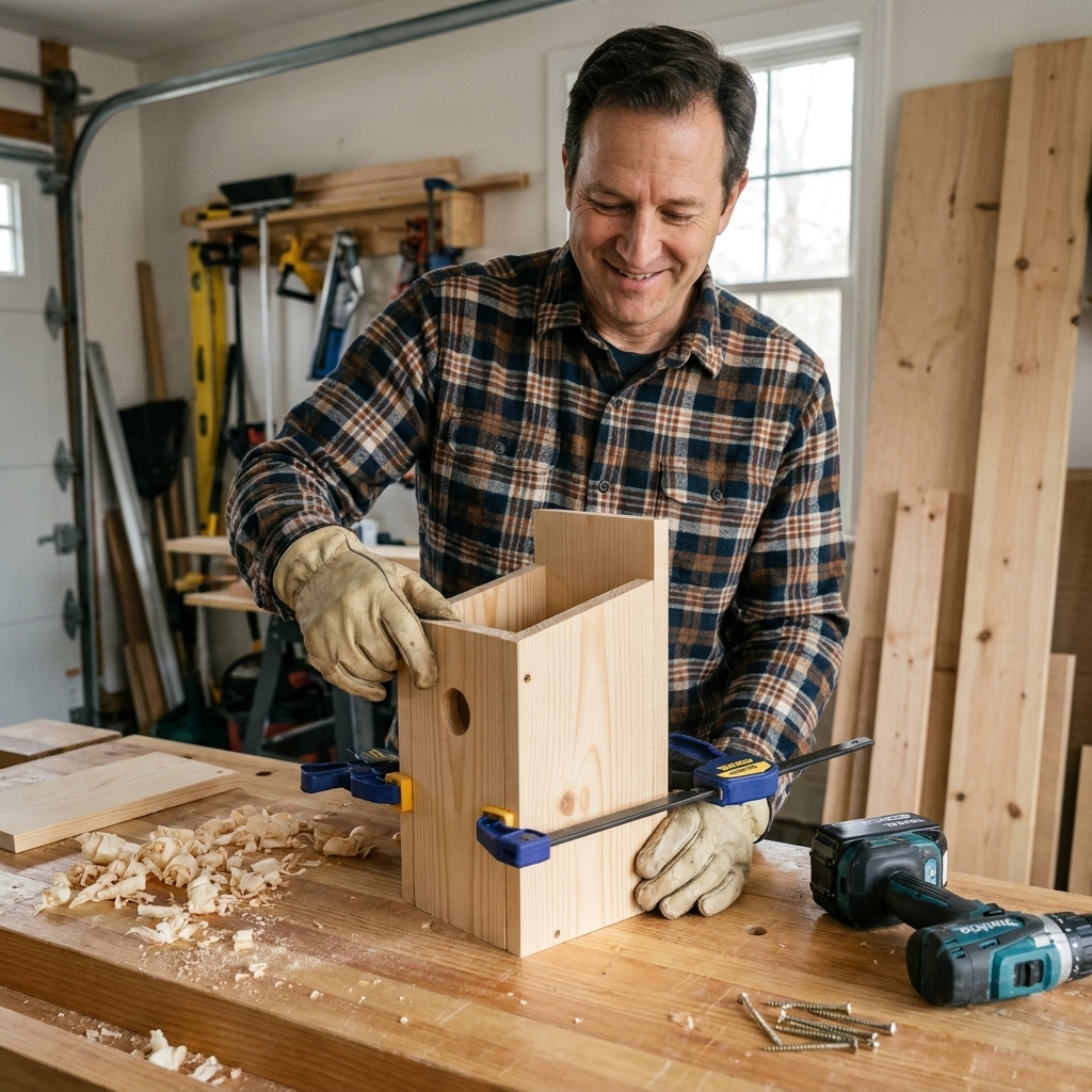 A pine birdhouse box being assembled on a bench with two clamps holding the side and back panels square