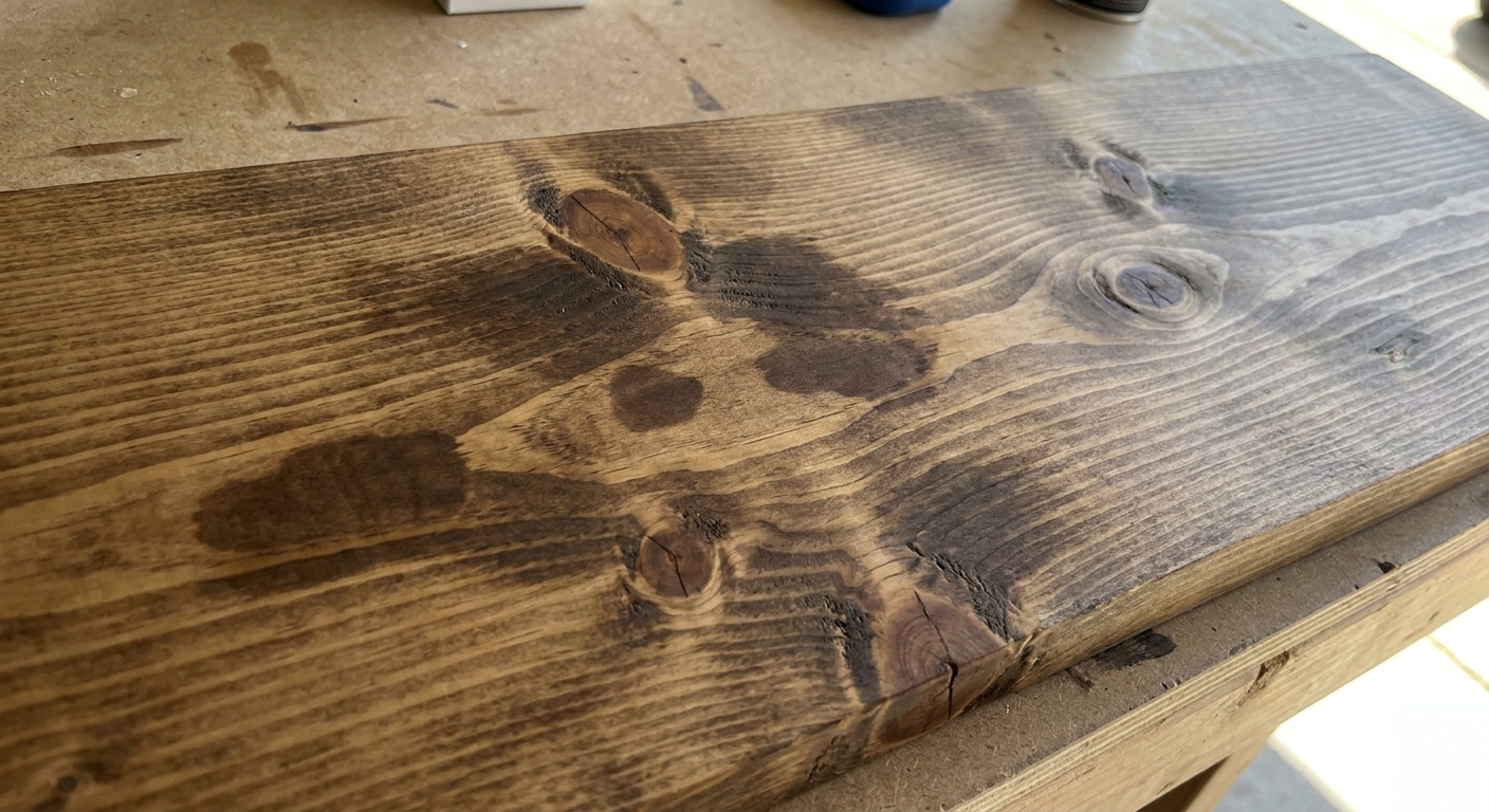 A pine board showing knots and wavy grain where stain has soaked in darker in patches, creating a blotchy look
